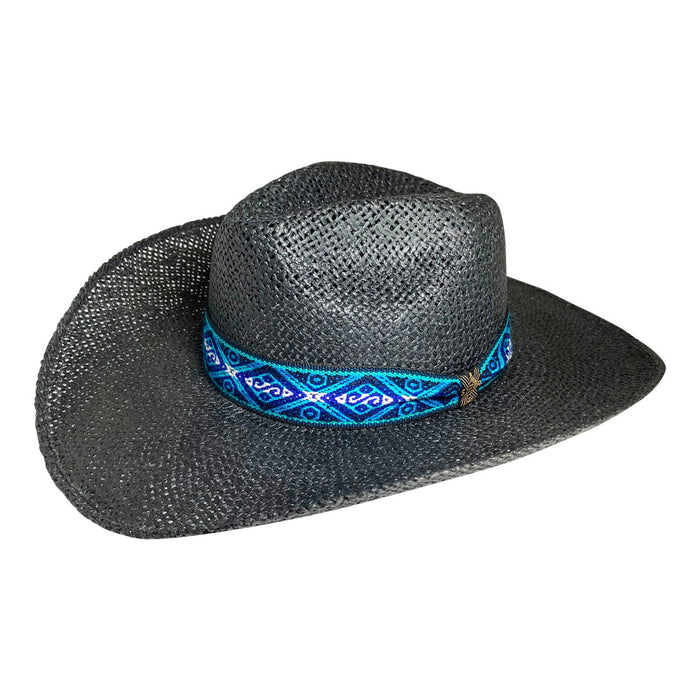 Wide Brim Cowboy Hat Handmade from Oaxacan Wood Pulp Raffia - Black
