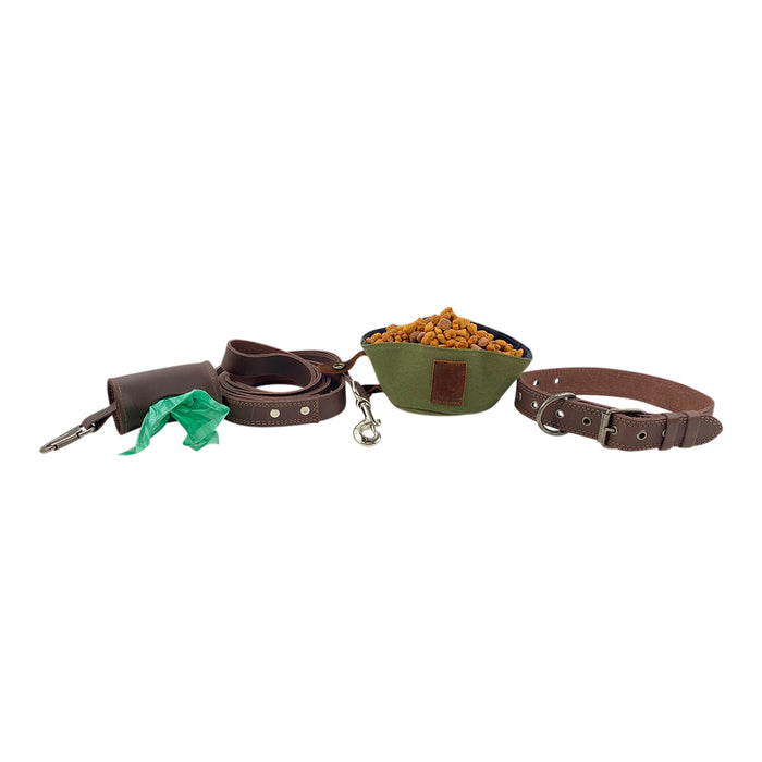 Collar, Leash, Bowl and Poop Bag Carrier
