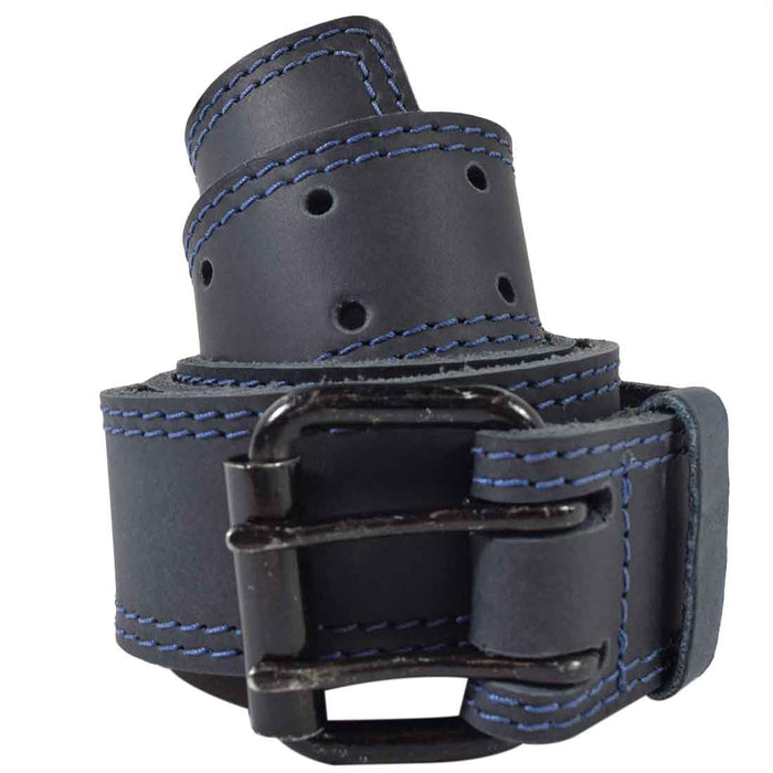 Two Row Stitch Black Double Prong Buckle Belt