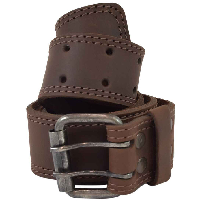 Two Row Stitch Reinforced Leather Belt / Rustic Double Prong Buckle, 1.5" Wide